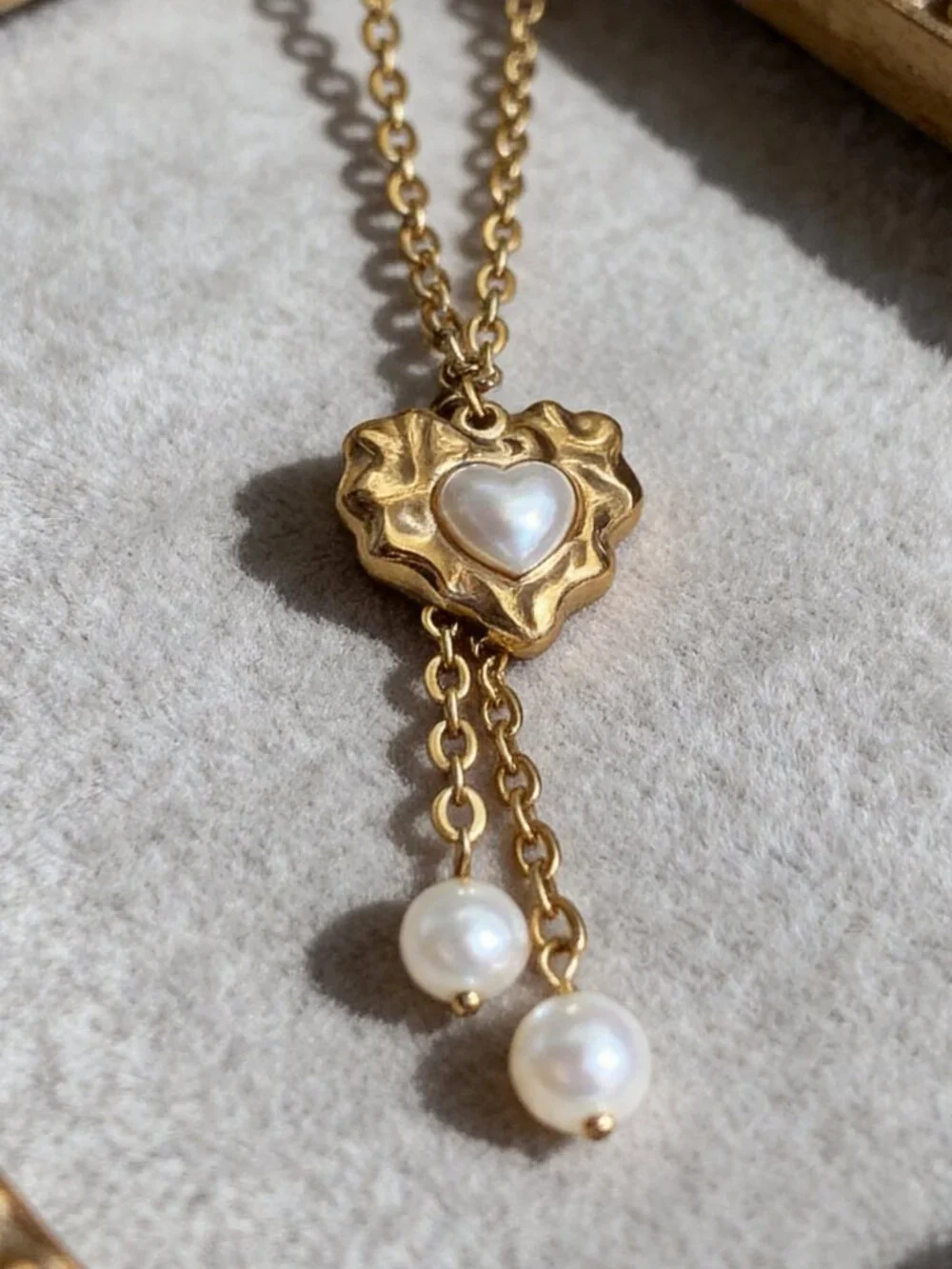 Gold Heart Pearl Drop Necklace Stainless Steel - Picture 2 of 13